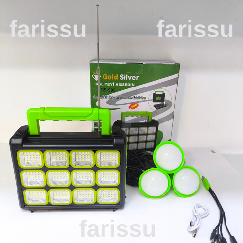 GS-908 200W Güneş Enerjili Şarjlı Fener - Bluetooth, USB, Radyo ve MP3 Özellikli