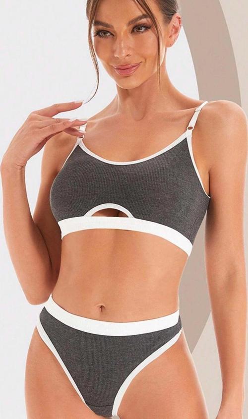 Kadın Gri Antrasit Kaşkorse ve Beyaz Lastikli Cut-Out Tanga Külotlu Takım