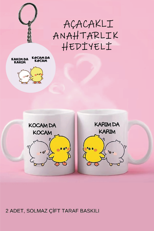 Karımda Karım-Kocamda Kocam, 2 Adet Baskılı Çift Porselen Kupa Bardak.Açacaklı Anahtarlık Hediyeli