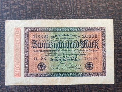 Alman Reich Dönemi 1923 20000 Mark Reichsbanknote Zwanzigtausend Mark