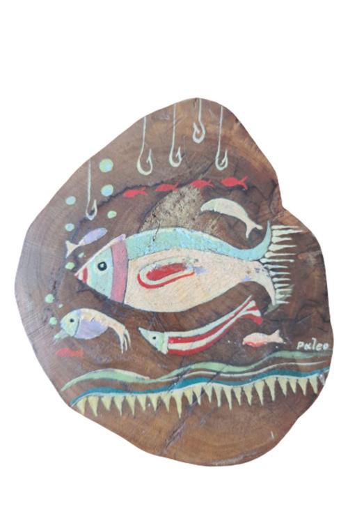 Ağaç Üzeri El Çizimi Balık İmzalı. Paleo İmzalı Kalın Ahşap 9X11Cm Boyunda. El Çizim Ve Boyama