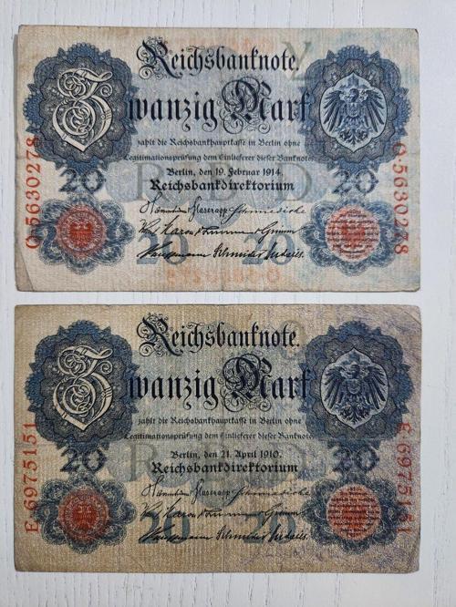 1910 Ve 1914 Yılına Ait Alman Markı, Alman 20 Mark, Eski Alman. 2 Adet Ürün