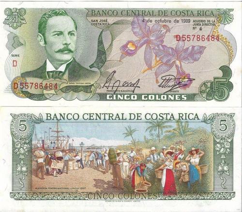Kosta Rika 1989 Yılı Tasarım Ödüllü 5 Colones Yabancı Kağıt Para Çil (Unc) Koleksiyon Para