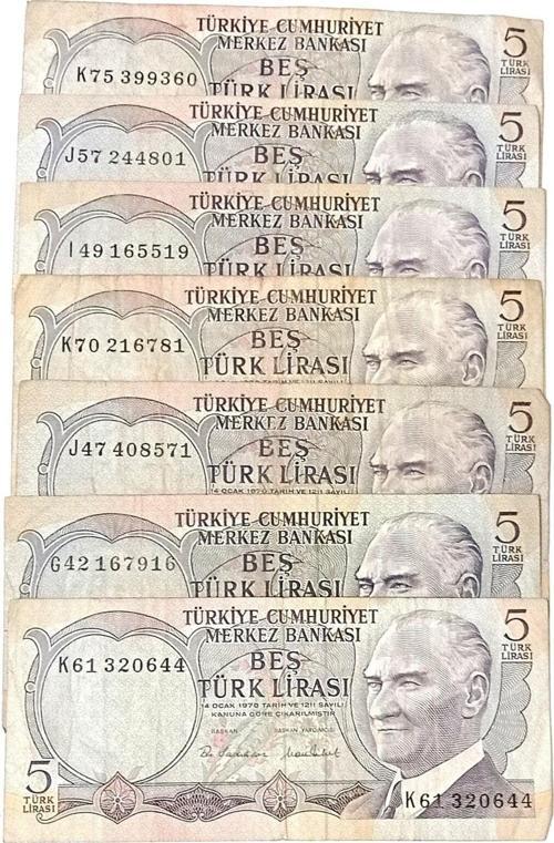 6. Emisyon 5 Türk Lirasi. Eski Koleksiyon Kağıt Para.