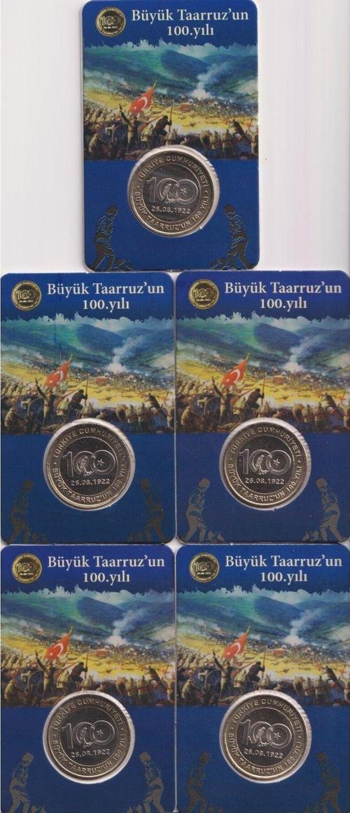 5 Adet Büyük Taarruzun 100.Yılı Hatıra Parası Özel Folderinde Çil