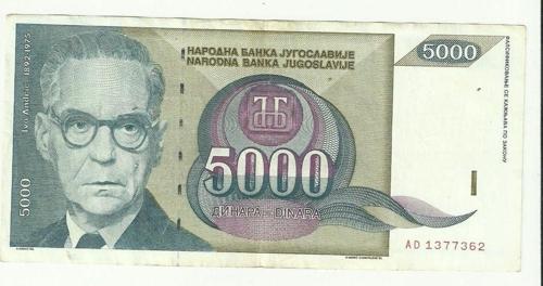 Yugoslavya 1992 Yılı 5000 Dinar Çt
