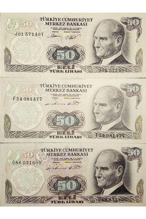 6. Emisyon 50 Türk Lirası. 3 Adet Değışık Harf Eski Koleksiyon Kağıt Para. Hobi Kağıt Para.