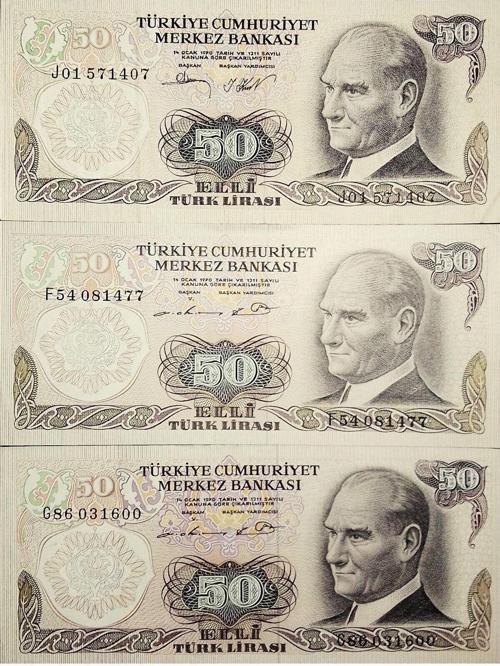 6. Emisyon 50 Türk Lirası. 3 Adet Değışık Harf Eski Koleksiyon Kağıt Para. Hobi Kağıt Para.