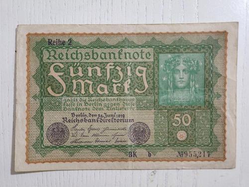 1919 Tarihli Alman Reich 50 Mark. Orijinal Dönem