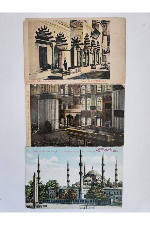 3 Adet Osmanlıca İstanbul Camileri. Orijinal Osmanlı Dönemine Ait Osmanlıca Yazılı Kartpostal.