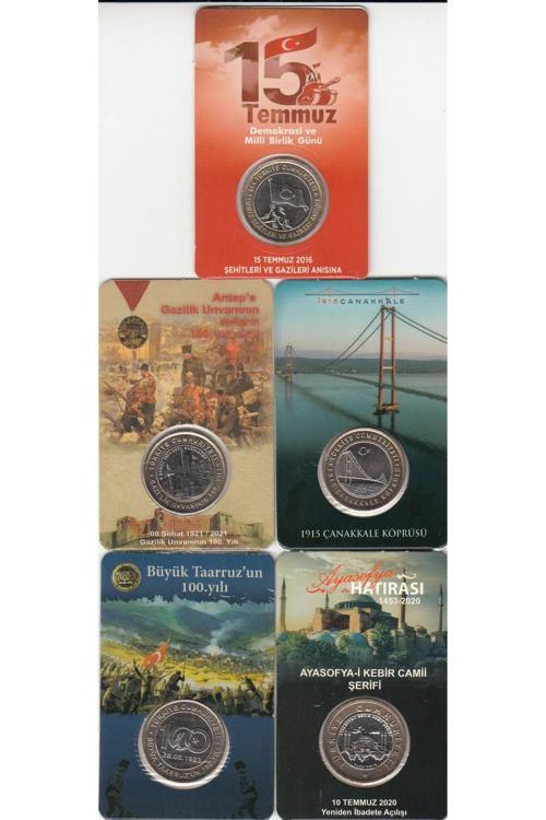 5''Li Hatıra 1 Lira Para Kiti Seti, Ayasofya, Antep, Çanakkale, 15 Temmuz, Büyük Taaruz "Çil"