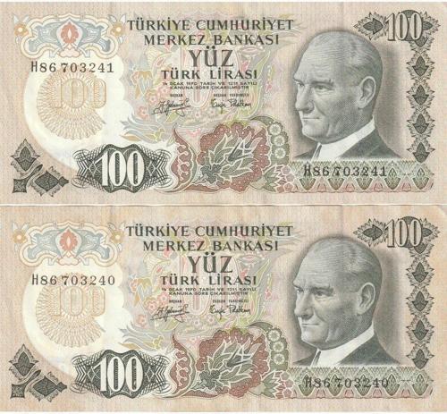 6. Emisyon 100 Türk Lirası Seri Takipli Ççt+ Eski Kağıt Para