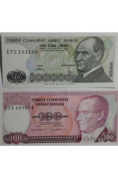 E Serisi 7. Emisyon 10 Ve 100 Türk Lirası Eski Koleksiyon Kağıt Para. Hatıra Para.