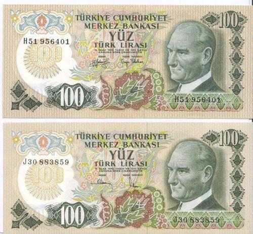 6.Emisyon 100 Lira Kağıt Para 2 Adet Çil - Çil Altı Resim Temsili