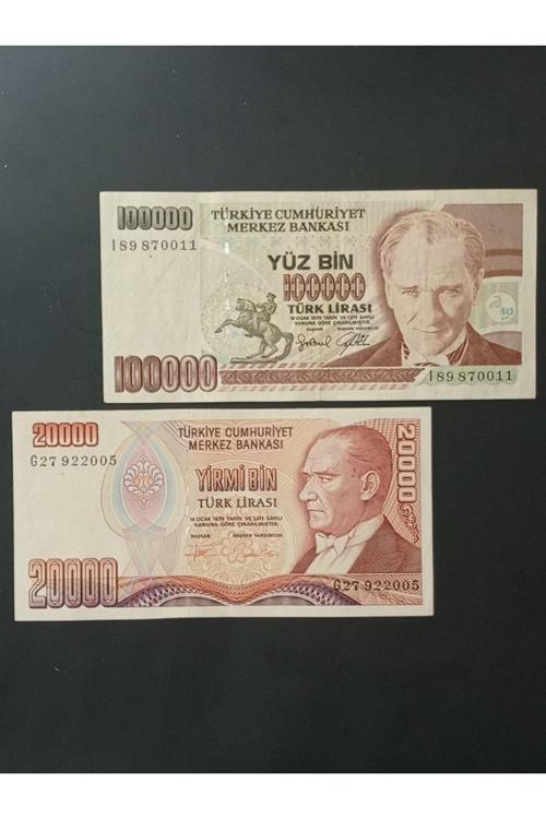 7. Emisyon 100.000 Ve 20.000 Türk Lirası. Eski Koleksiyon Kağıt Para.