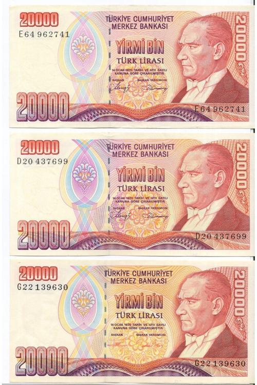 7. Emisyon 20.000 Lira Kağıt Para 3 Adet Çil Ve Çil Altı Kondisyon Görseldeki Ürün