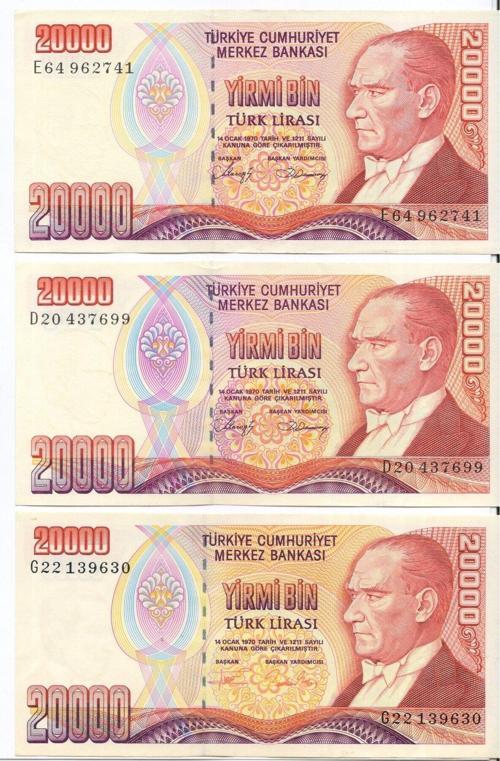 7. Emisyon 20.000 Lira Kağıt Para 3 Adet Çil Ve Çil Altı Kondisyon Görseldeki Ürün