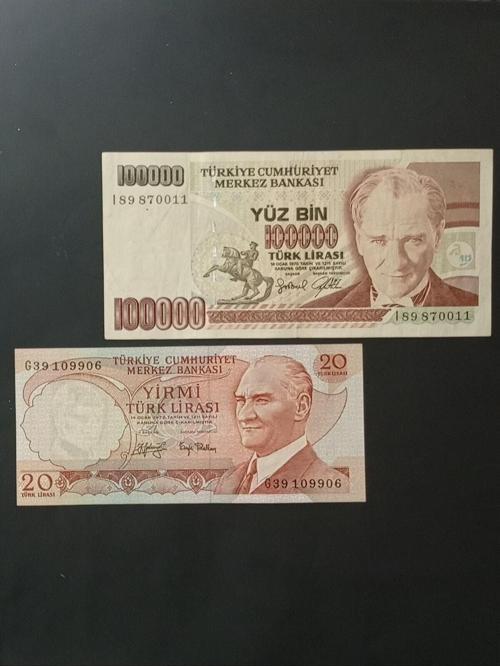 6. Emisyon 20 Türk Lirası 7. Emisyon 100.000 Türk Lirası Eski Koleksiyon Kağıt Para.