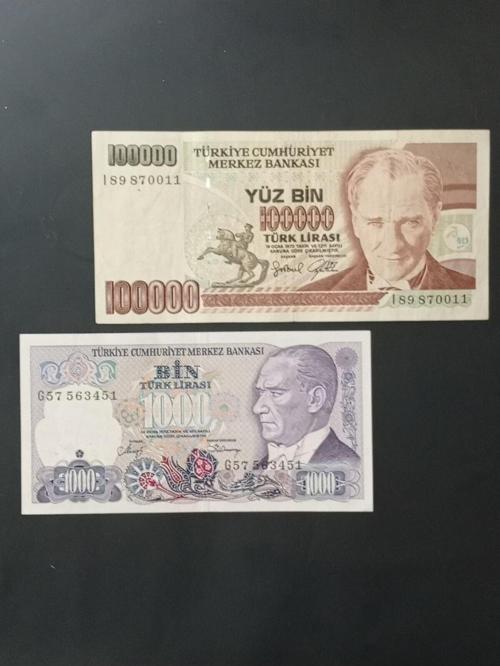 7. Emisyon 100.000 Ve 1.000 Türk Lirası. Eski Koleksiyon Kağıt Para.