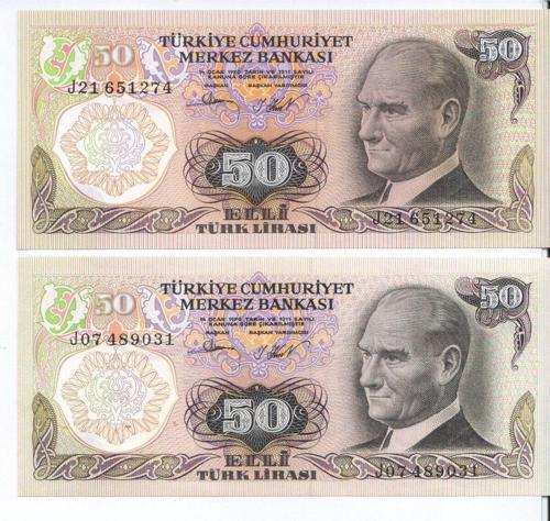 6. Emisyon 50 Lira Kağıt Para 2 Adet Çil