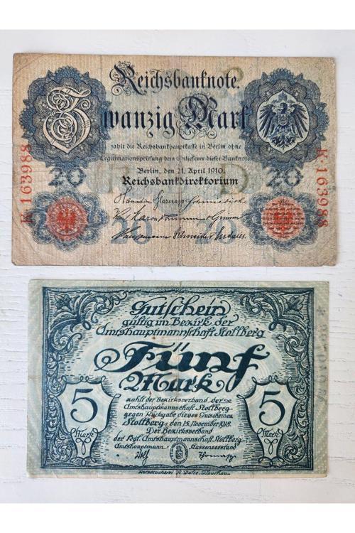 Alman Eski Dönem Mark Seti. 1910 Ve 1918 Tarihli 20 Ve 5 Mark