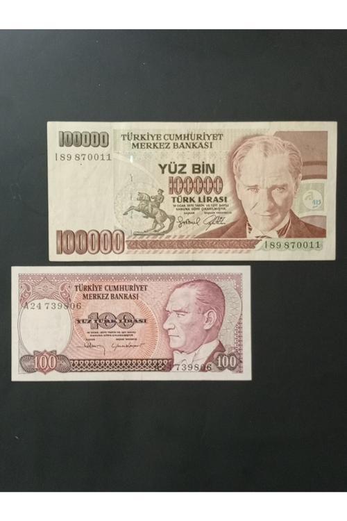7. Emisyon 100.000 Ve 100 Türk Lirası. Eski Koleksiyon Kağıt Para.