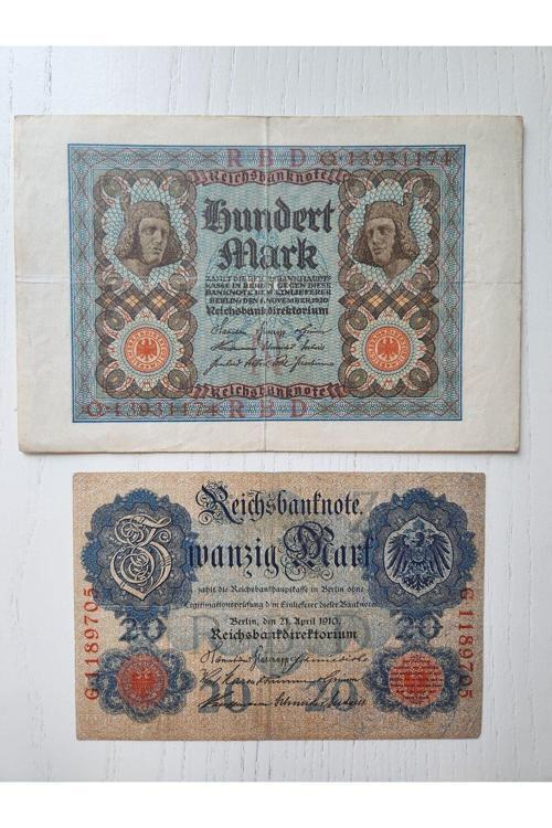 Alman Eski Dönem Mark Seti. 1910 Ve 1920 Tarihli 100 Ve 20 Mark.