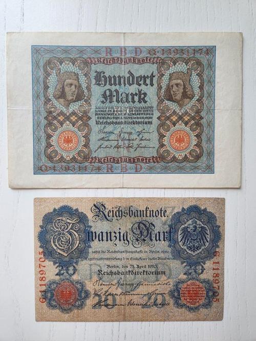 Alman Eski Dönem Mark Seti. 1910 Ve 1920 Tarihli 100 Ve 20 Mark.