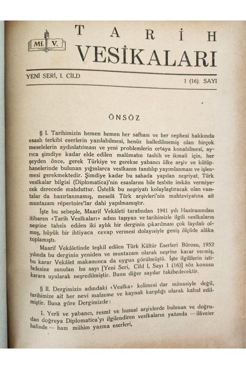 Cildinde Tarih Vesikaları Dergisi 1952. Orijinal Dönemine Ait 180 Sayfa. Tarih Yazılar