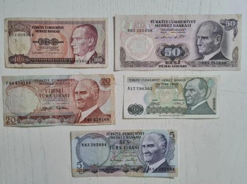 5 Adet Eski Dönem Yerli Banknot Para. 5 10 20 50 Ve 100 Türk Lirası