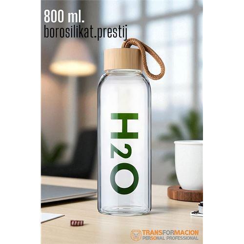 Cam Matara - 800 Ml Bambu Kapaklı Borosilikat Cam Matara - Ofis Matarası