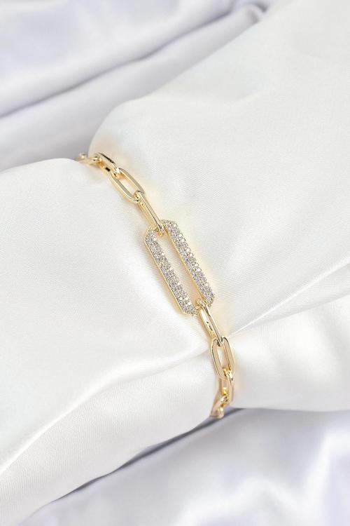 Pirinç  Dikdörtgen Model Zirkon Taşlı Gold Renk VİP Seri Kadın Bileklik SL12470