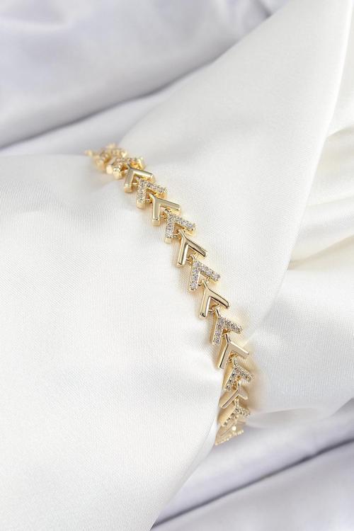 Pirinç Sıralı Ok Model Zirkon Taşlı Gold Renk VİP Seri Kadın Bileklik SL12477