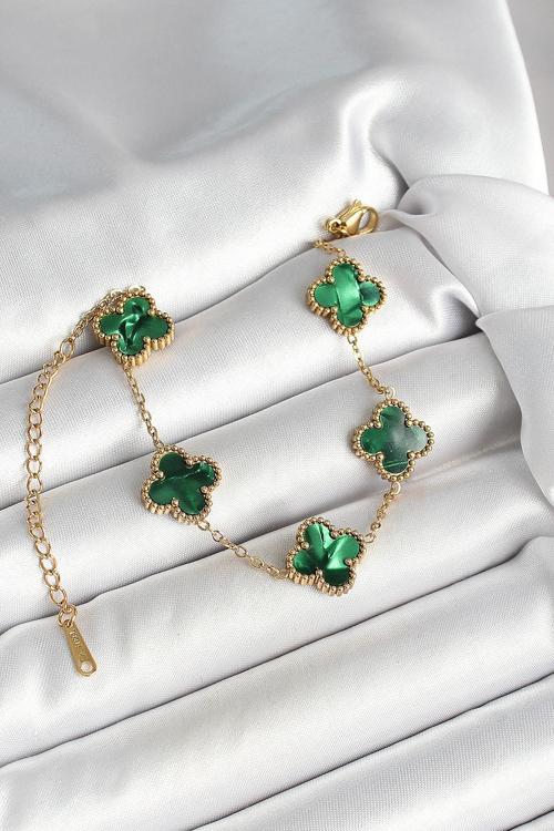 316L Çelik Sedefli Zümrüt Yeşil Gold Renk Yonca Kadın Bileklik SL11982