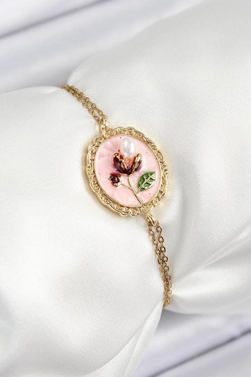 316L Çelik Zincir Pembe Mineli Sanatsal Portre İnci Detaylı Lale Model Gold Renk Kadın Bileklik SL12541