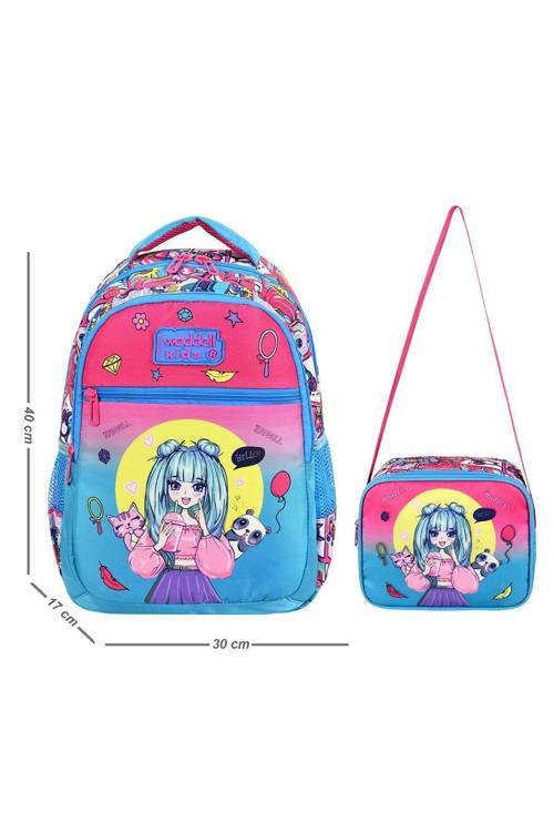 Lisanslı Pembe-Turkuaz Anime Kız Desenli Kız Çocuk Ilkokul Sırt Çantası Ve Beslenme Çantası