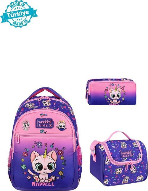 Mor Kedi Desenli İlkokul Sırt Çantası, Termal Beslenme Çantası Ve Kalemlik