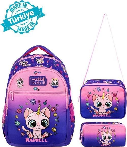 Lisanslı Mor-Pembe Kedi Desenli Kız Çocuk Okul Sırt Çantası,Beslenme Çantası Ve Kalemlik