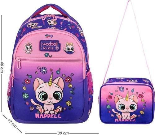 Lisanslı Pembe Kedi Desenli İlkokul Kız Çocuk Sırt Çantası Ve Beslenme Çantası
