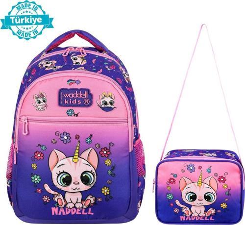 Lisanslı Pembe Kedi Desenli İlkokul Kız Çocuk Sırt Çantası Ve Beslenme Çantası