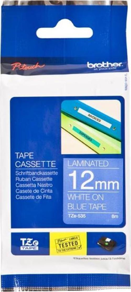 Tze-535 12 Mm Mavi Üzeri Beyaz Laminasyonlu Etiket 8 Metre
