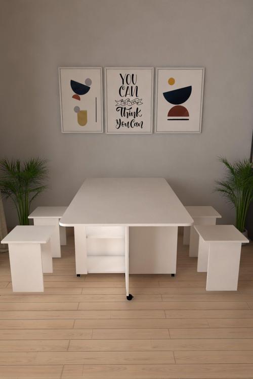 Pratik Katlanır Açılır Kapanır Katlanabilir Taşınabilir Beyaz Yemek Masası 4 Kişilik Balkon Masası