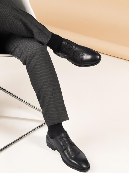 1612200 M Siyah Hakiki Deri Bağcıklı Erkek Klasik Ayakkabı