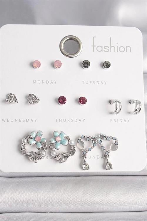 Pirinç Gümüş Renk Renkli Zirkon Taşlı Daire Çiçek Figür Sallantı Kalp Detay 7 Çift Kadın Küpe Seti