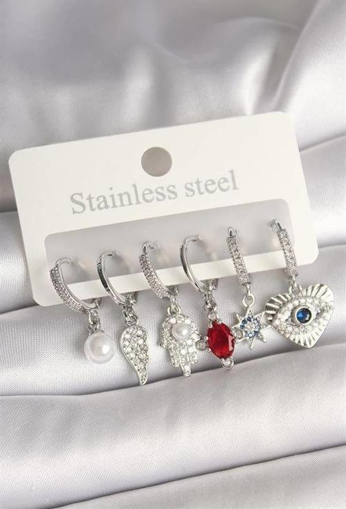 Pirinç Gümüş Renk Zirkon Taşlı Fatma Ana El Figür Kadın Küpe Seti