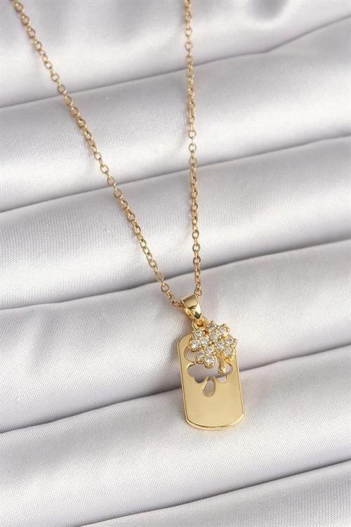 316L Çelik Gold Renk Zincir Zirkon Taşlı Yonca Model Kadın Kolye
