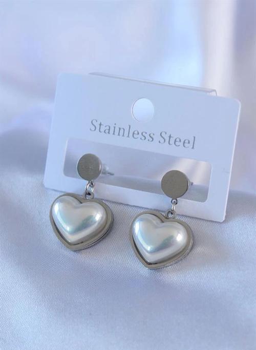 316L Çelik Gümüş Renk İncili Kalp Model Kadın Küpe