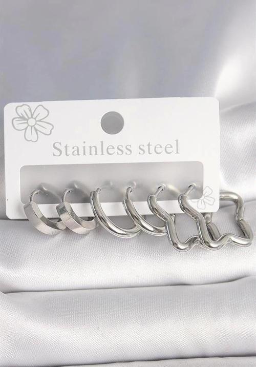 316L Çelik Gümüş Renk Yarım Halka Yıldız Model Kadın Küpe Seti