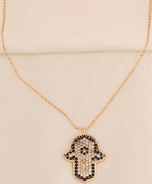 Gold Renk Metal Minimal Taşlı Fatma Ana Eli Figürlü Kolye