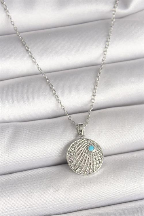 316L Çelik Gümüş Renk Zincir Zirkon Taşlı Mavi Taş Detaylı Madalyon Model Kadın Kolye